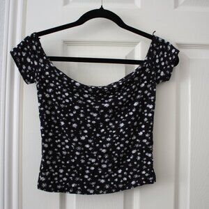Garage Flower Navy Blue Print Off-Shoulder top